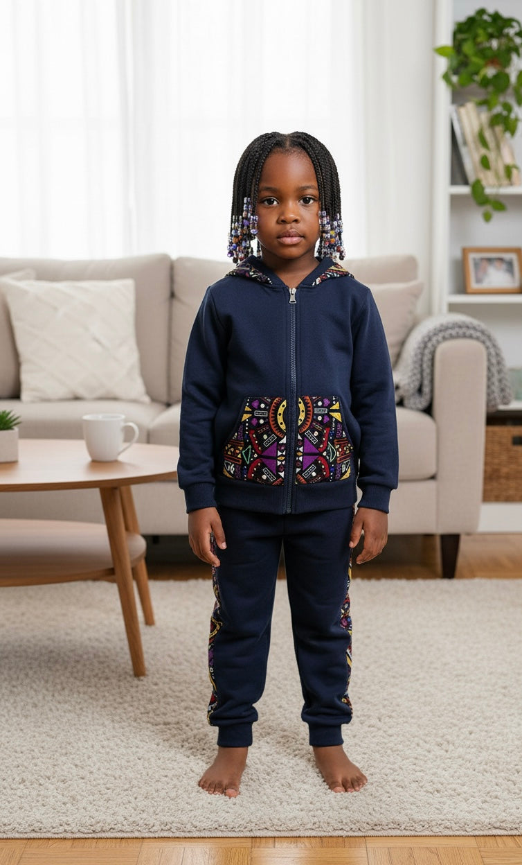 Jogging afro chic NTEPPE mixte enfant, vêtement bleu tendance customisé à la main avec tissu wax 100 % coton.