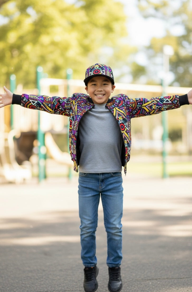 Bomber et casquette en tissu wax pour enfant, tenue unisexe originale et vibrante, idéale pour un style affirmé.