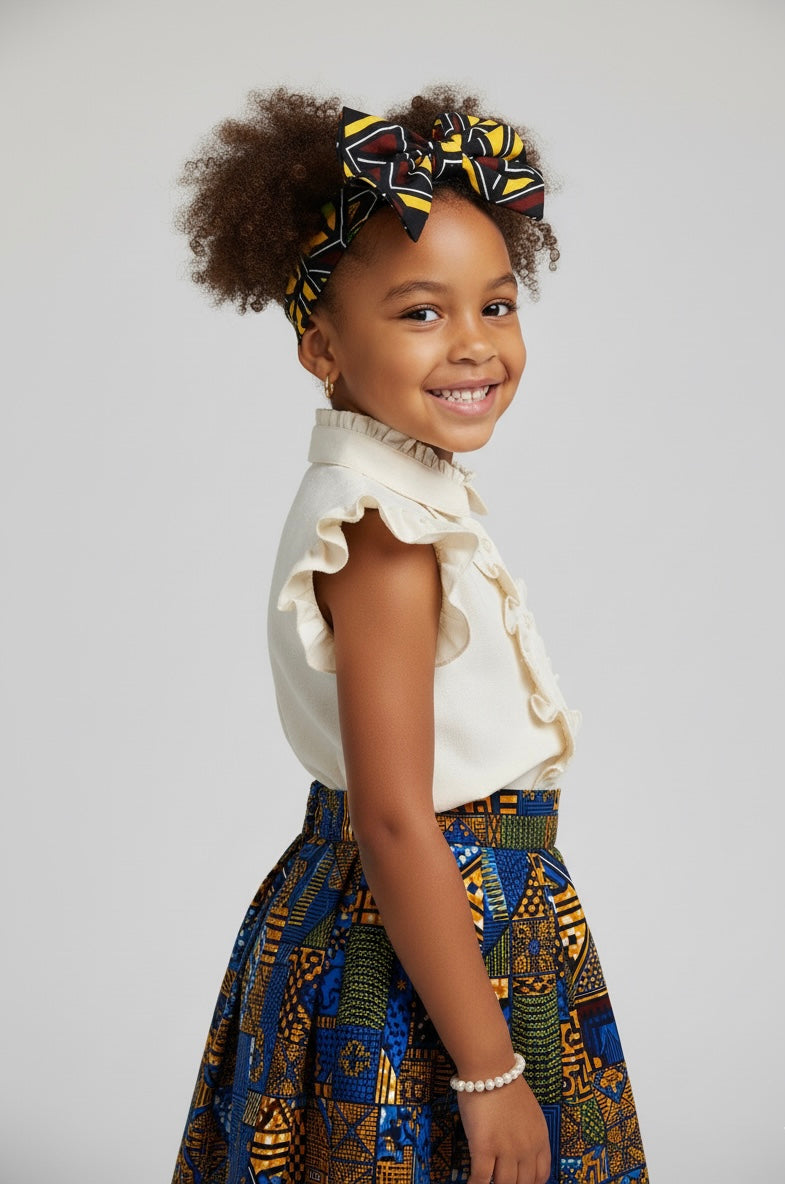 Bandeau fillette en tissu wax bogolan, style africain chic pour cérémonie ou tenue quotidienne.