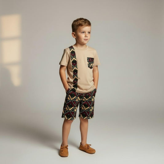 Détail tissu wax bogolan et bande décorative du t-shirt – ensemble afro moderne pour garçon”