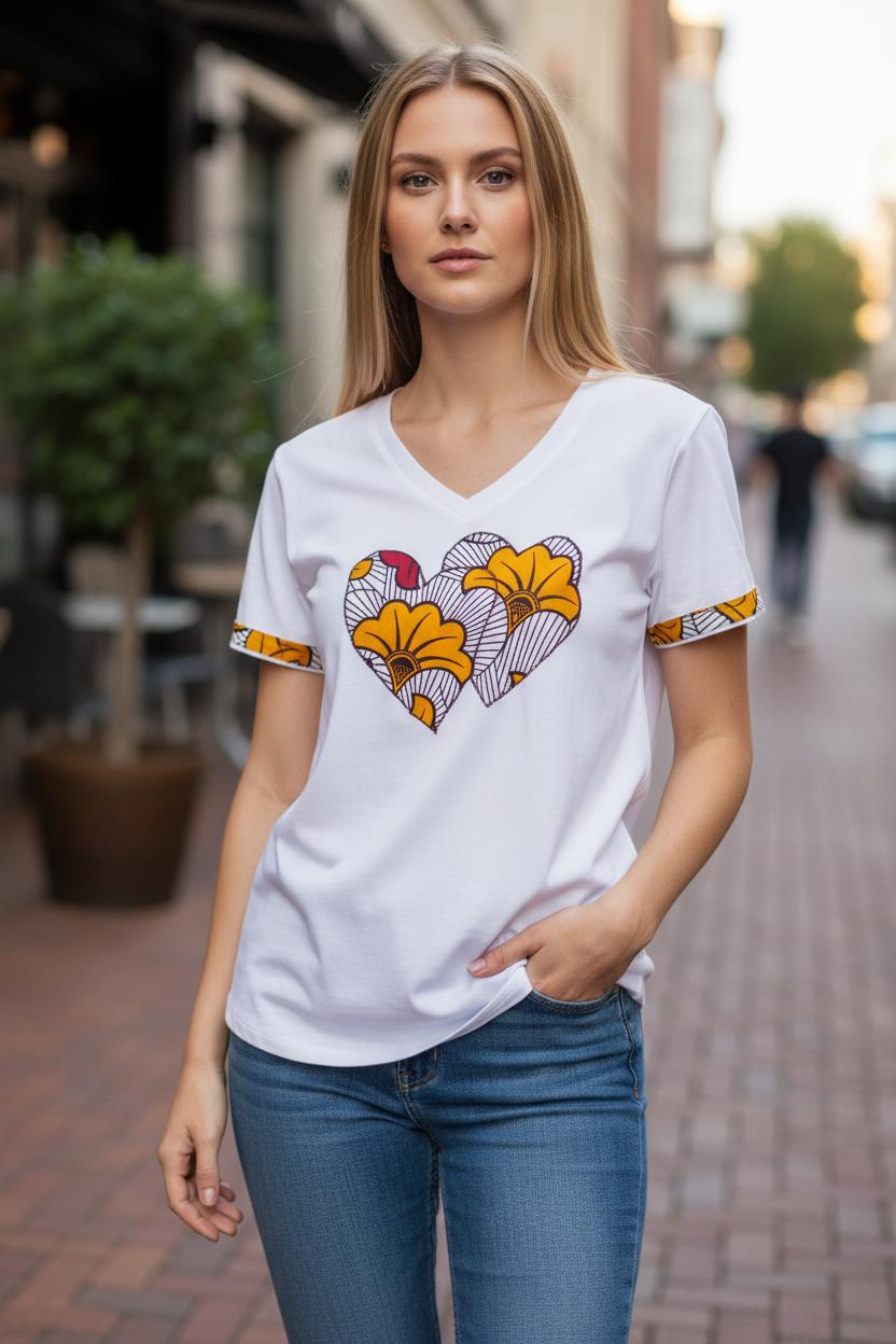 T-shirt femme Bitoh blanc stretch avec deux cœurs entrelacés en tissu fleuri mariage, customisation faite main.
