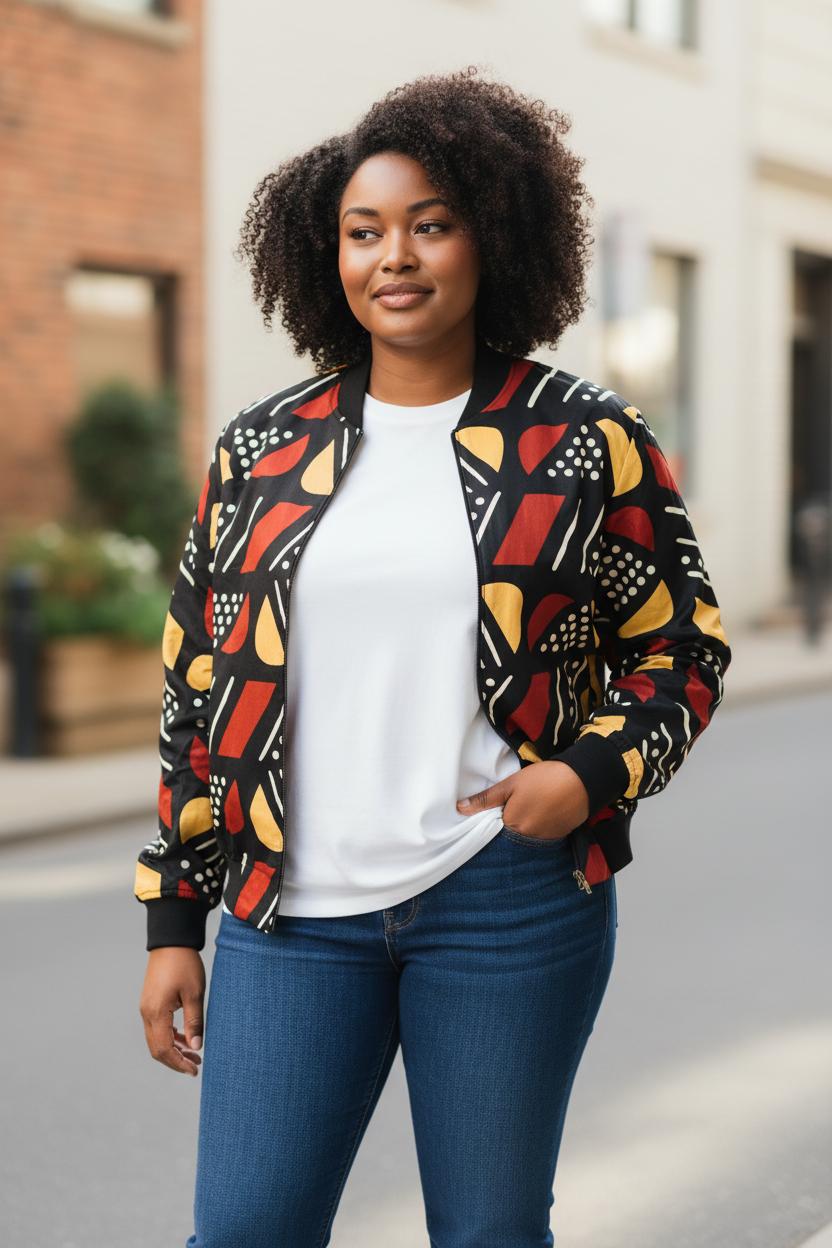 Bomber mixte en bogolan 100% coton, modèle afro moderne, taille L, vu de face.