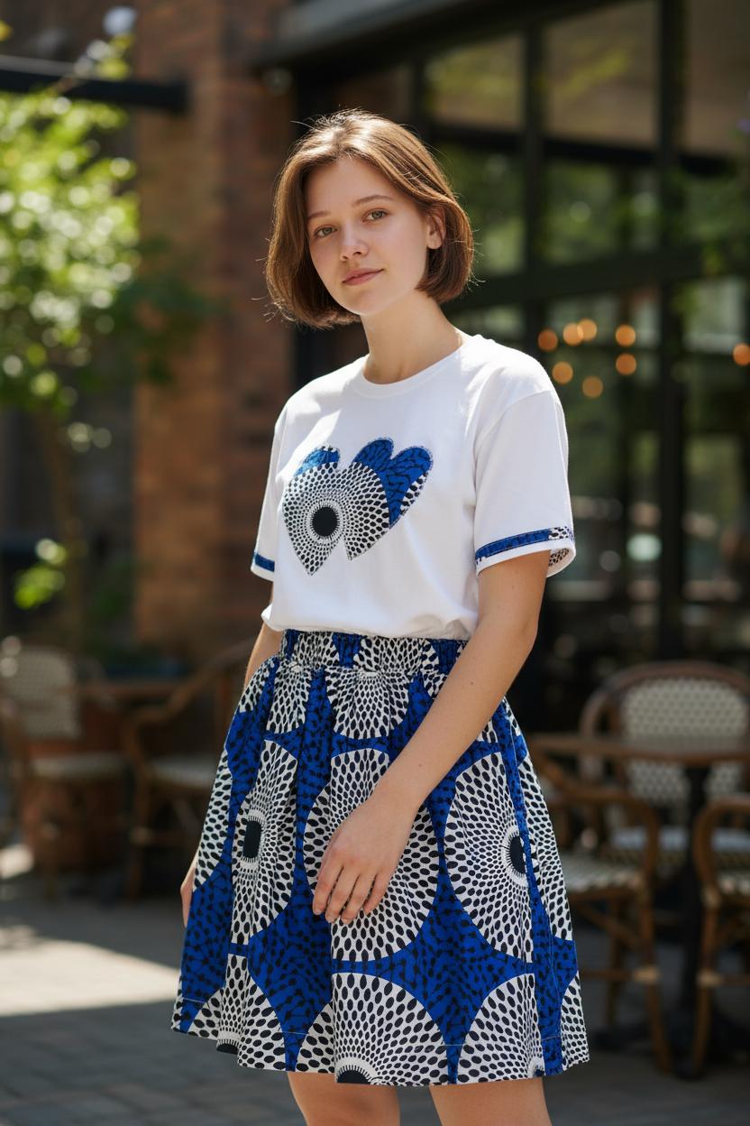 Ensemble fille avec jupe en wax et t-shirt customisé avec empiècements wax assortis – look afro moderne