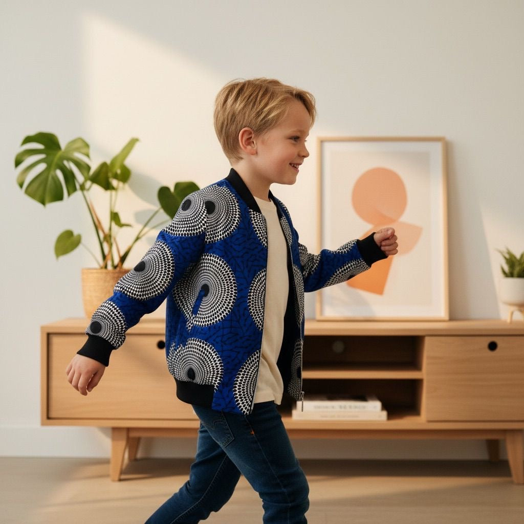 Veste bomber enfant faite main en petite série – wax africain bleu motifs ronds et cercles
