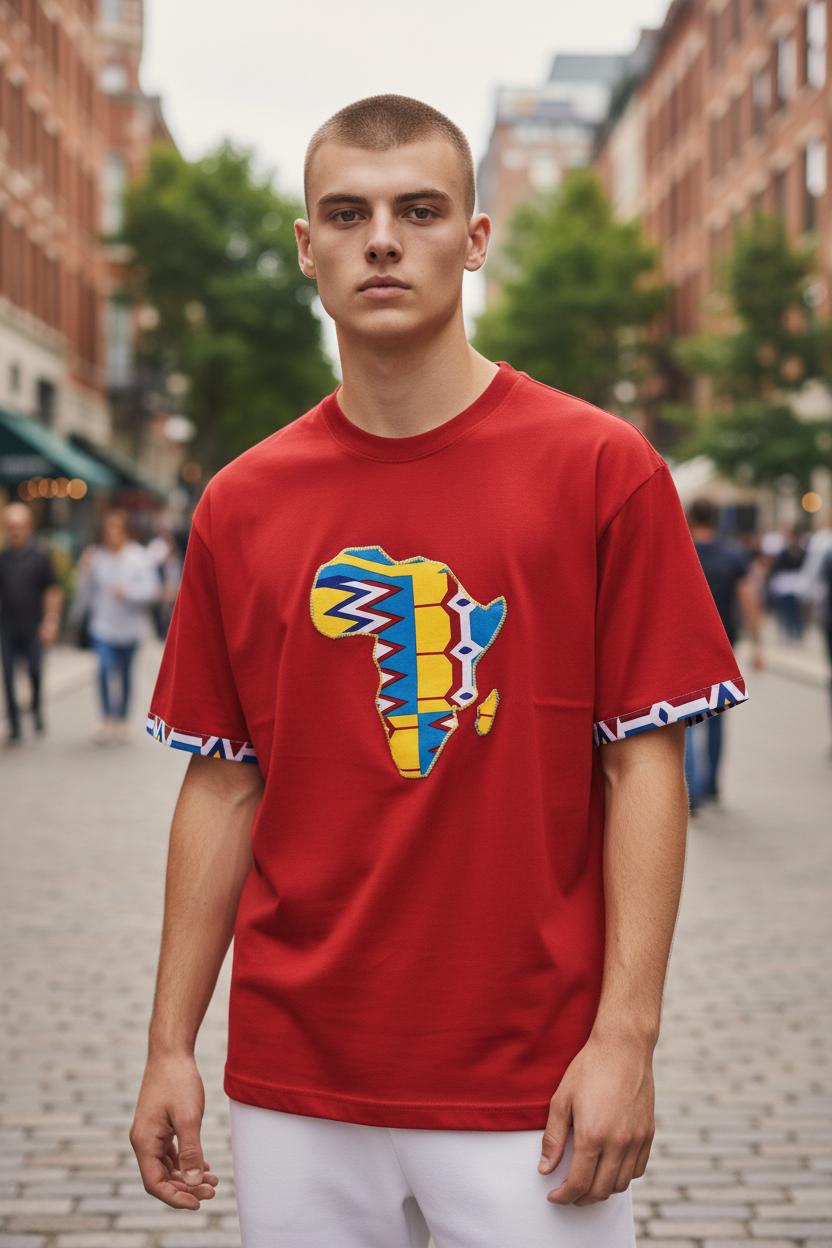 T-shirt Mixte “Africa” – Rouge  Coton 100% et Customisation Wax faite main