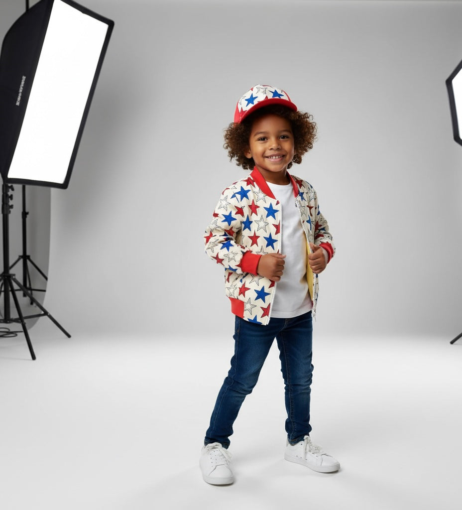 Ensemble mixte pour enfant composé d’un bomber et d’une casquette customisés en tissu wax, look coloré et tendance.