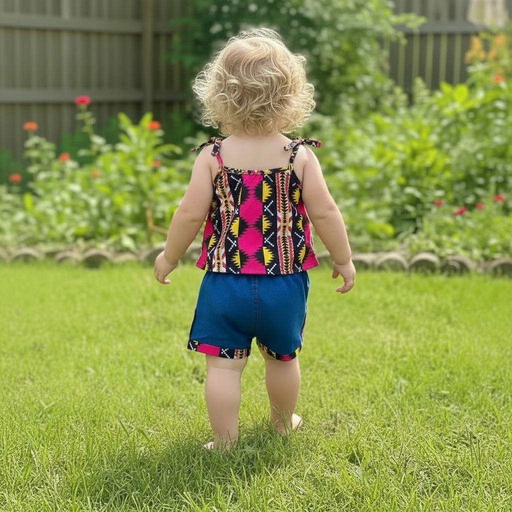 Détails du short de l’ensemble Sadi : jean avec taille élastique ajustable et touches de wax coloré sur la taille et le côté, confortable et tendance pour filles 2-12 ans