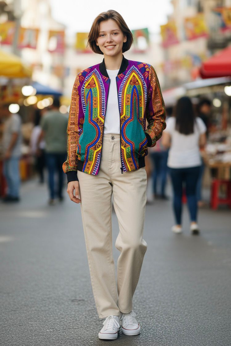 Veste bomber pour enfant en wax dashiki, coupe moderne et motifs traditionnels pour un look unique et culturel.