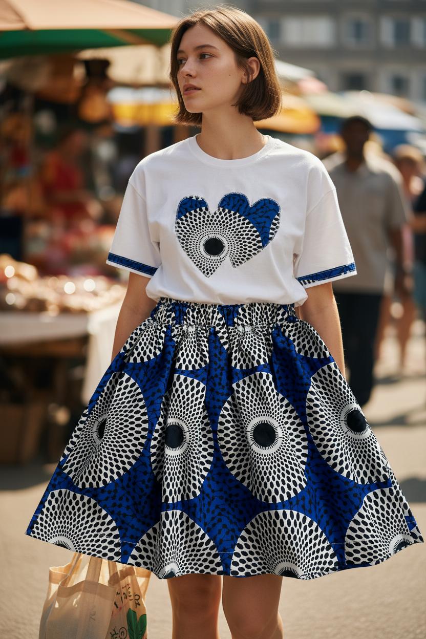Tenue fille composée d’une jupe en wax coloré et d’un t-shirt personnalisé avec tissu wax – idéal pour l’été