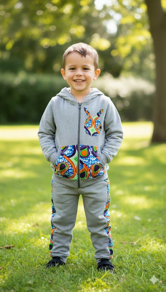 Jogging enfant mixte avec empiècements en tissu wax, look confortable et original aux inspirations africaines.
