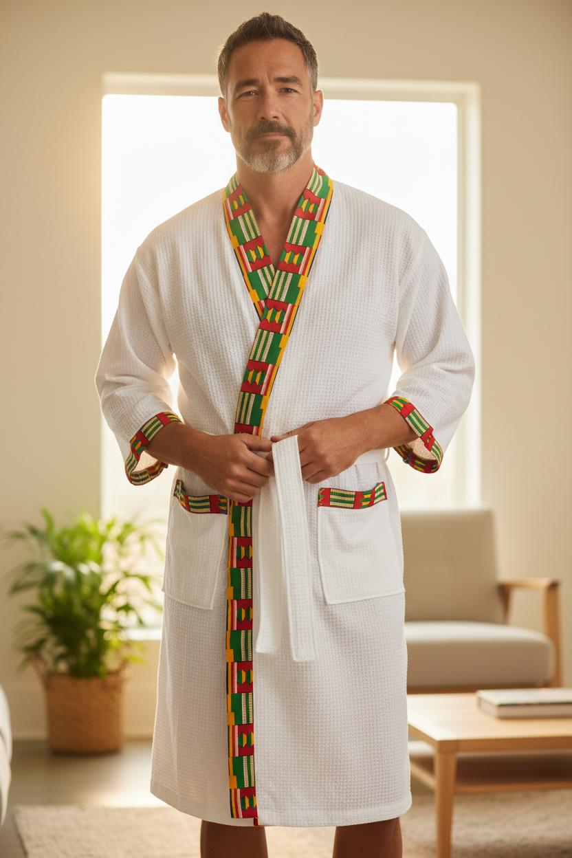 Kimono unisexe Maka personnalisé en Wax, léger et artisanal, idéal comme peignoir ou robe de nuit.