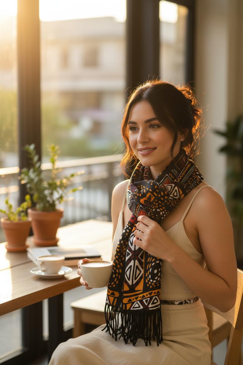 Écharpe d’hiver en wax et bogolan pour adulte – modèle mixte avec intérieur molletonné