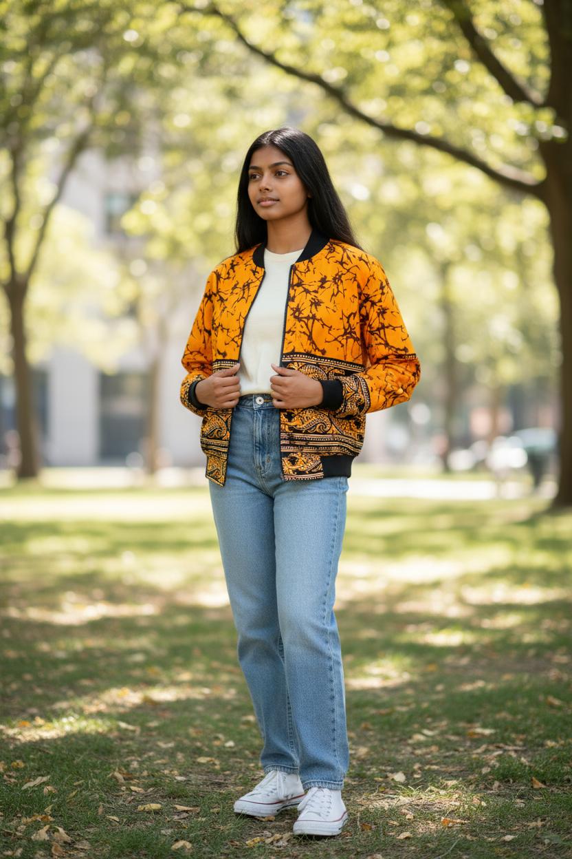 Détail du bomber Sawa avec fermeture avant et bords-côte, confection artisanale, style afro moderne mixte pour adolescents et adultes petits.