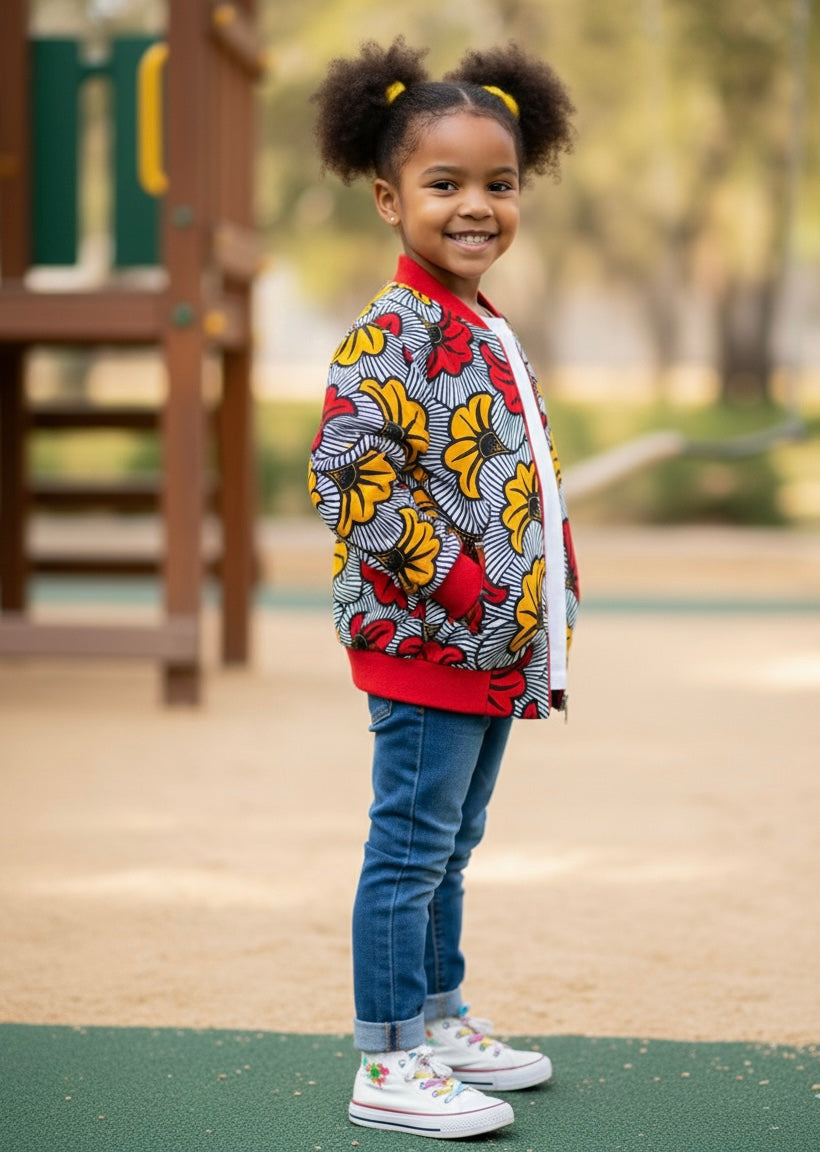 Enfant portant un bomber mixte en wax fleuri, tenue élégante et colorée pour un mariage ou une cérémonie.