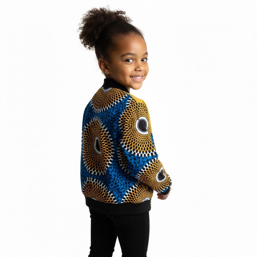 Détail du bomber enfant ESEKA Duo avec wax africain motifs ronds et empiècement poitrine en coton jaune, création artisanale