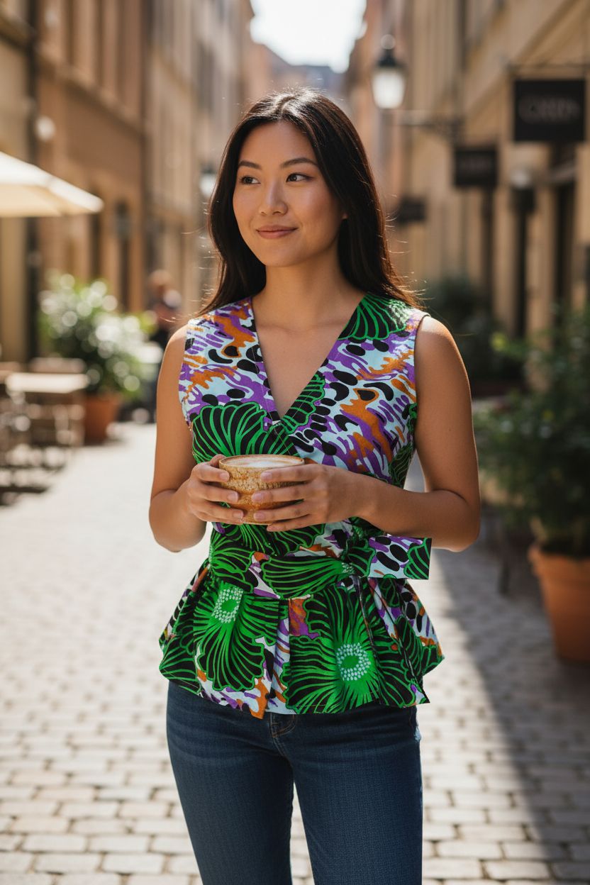 Top femme sans manche en wax  à nouer selon l’envie : devant, derrière ou sur le côté. Haut modulable et stylé pour un look afro-chic personnalisable.