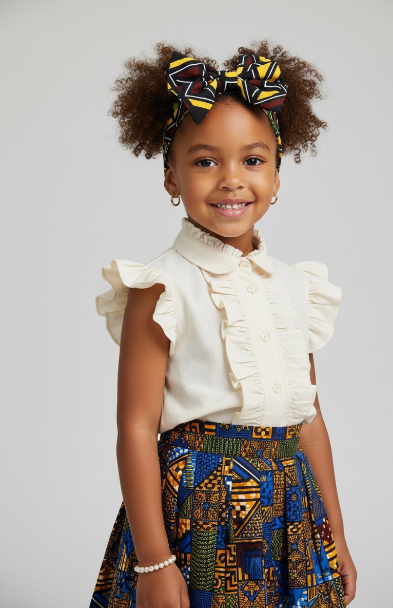 Bandeau enfant en wax bogolan, accessoire fait main au motif ethnique pour fille.