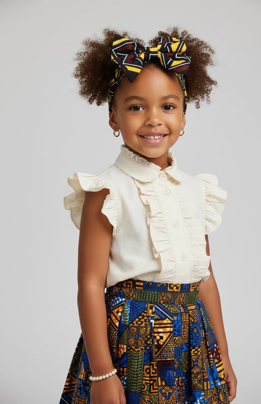 Bandeau enfant en wax bogolan, accessoire fait main au motif ethnique pour fille.