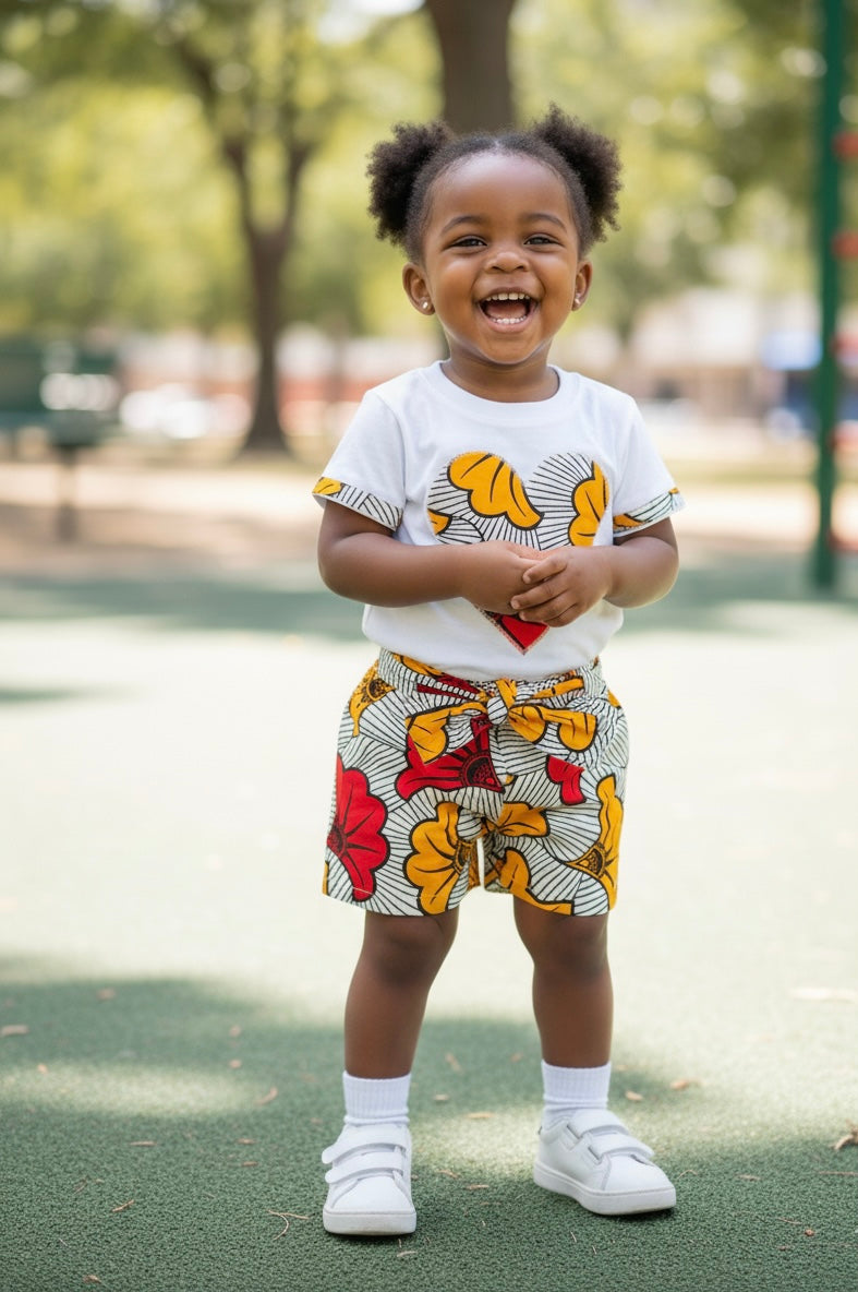 Ensemble fille avec short taille haute en wax fleuri et t-shirt assorti – tenue faite main pour mariage