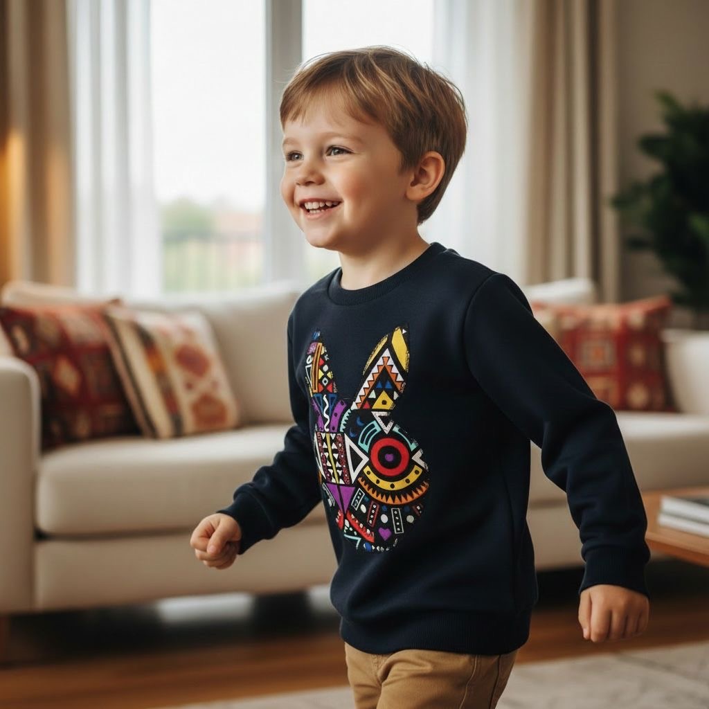 Sweat-shirt enfant bleu JOY en coton avec motif lapin et tissu wax africain fait main