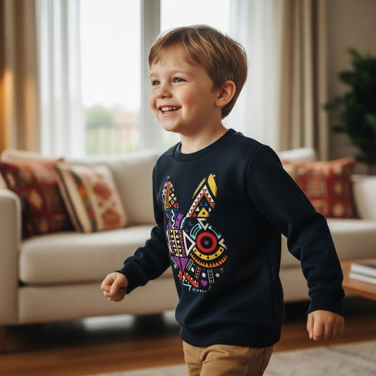 Sweat-shirt enfant bleu JOY en coton avec motif lapin et tissu wax africain fait main