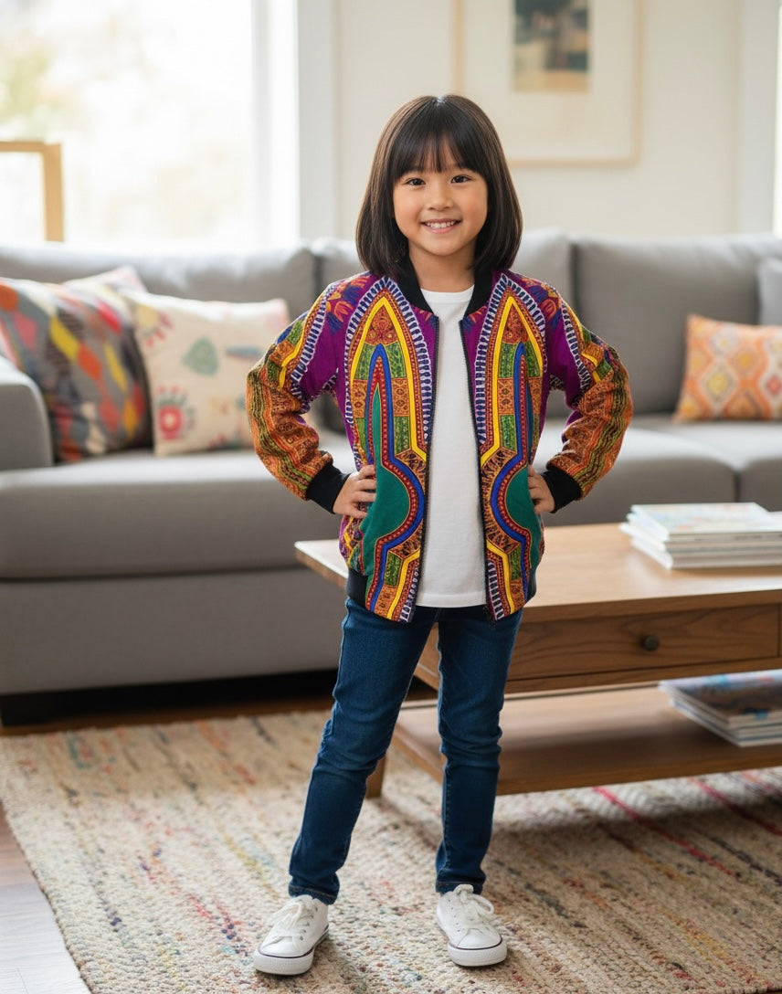 Bomber enfant mixte en tissu wax dashiki aux motifs africains colorés, veste légère et stylée pour filles et garçons.