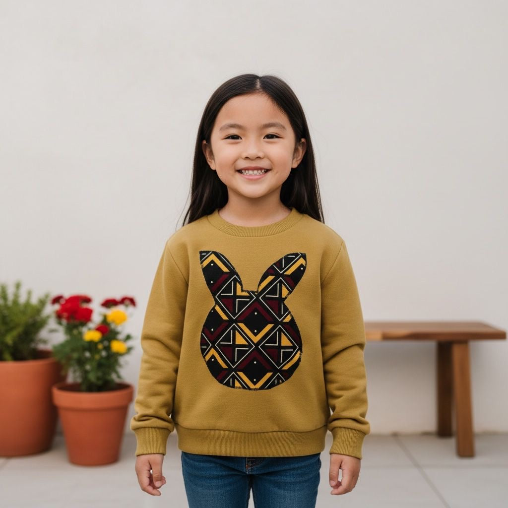 Sweat-shirt enfant JOY – Coton moutarde & bogolan afro-moderne. De 3 à 12 ans