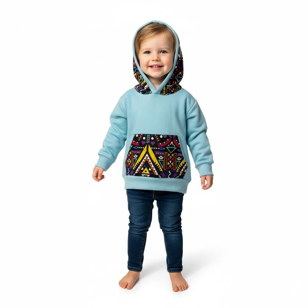 Sweat-shirt mixte enfant fait main, customisé en wax géométrique afro moderne