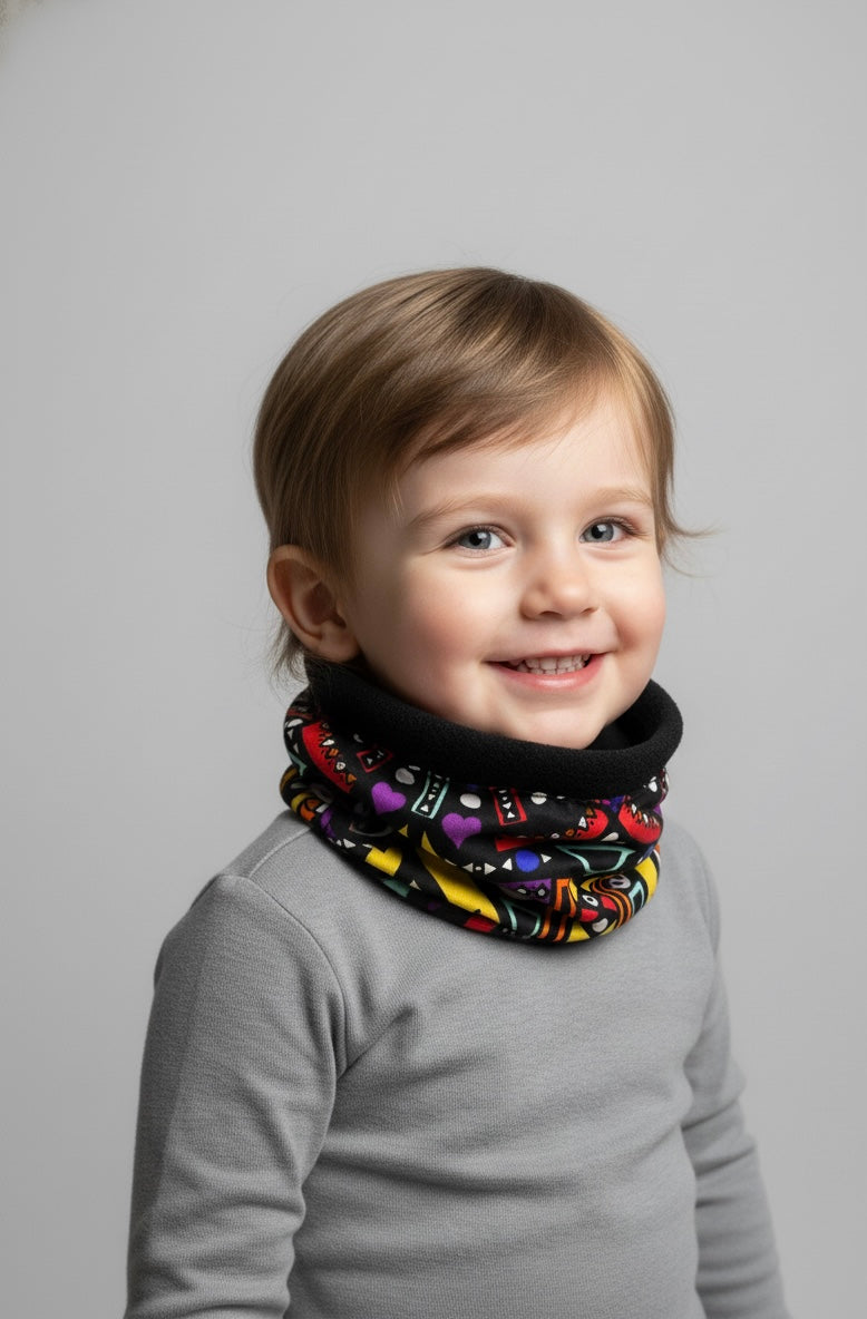 Cache-cou enfant en polaire douce avec tissu wax coloré, accessoire chaud et joyeux pour l’hiver