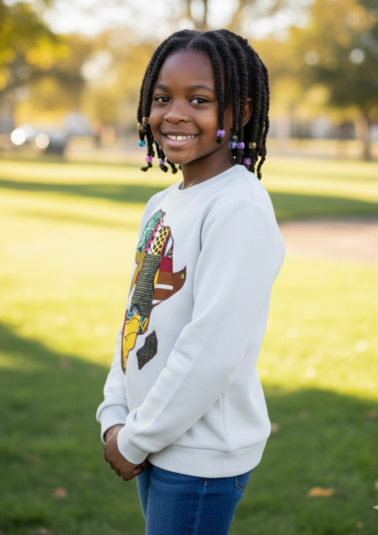 Fille portant un sweat-shirt mixte pour enfant, modèle confortable et stylé, adapté aux filles et garçons.