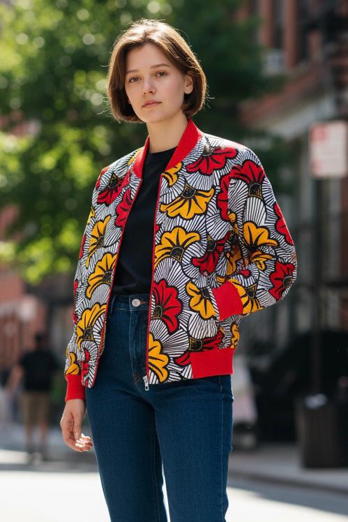 Veste bomber unisexe en tissu wax à fleurs, look raffiné pour garçon ou fille lors d’une occasion spéciale.
