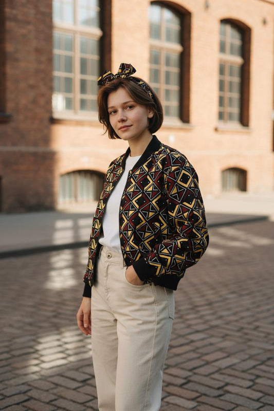 Bomber enfant en tissu bogolan traditionnel avec motifs africains, assorti d’un bandeau coordonné.