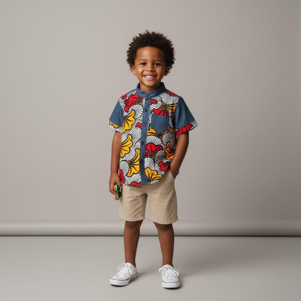 Chemise garçon wax et jean afro moderne MPESA DENIM manches courtes enfant