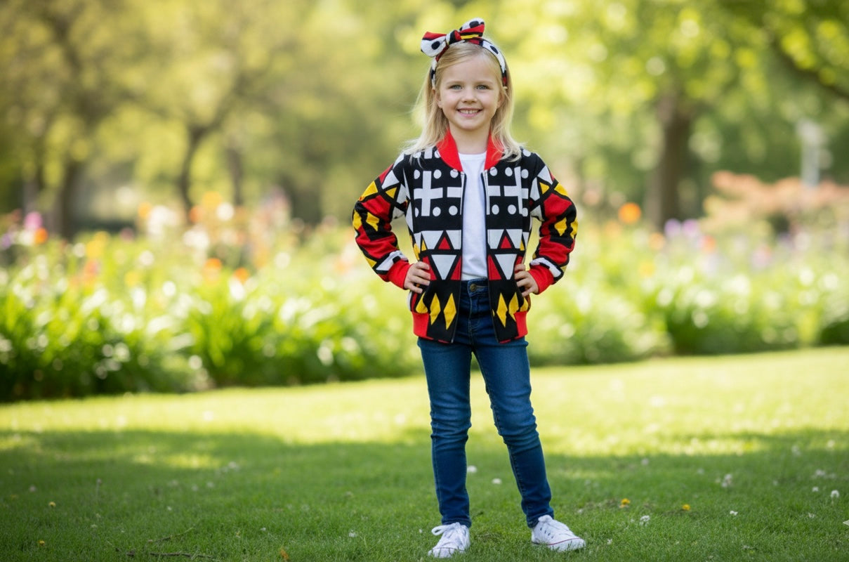 Veste bomber pour enfant en tissu wax multicolore, avec bandeau assorti, alliant modernité et héritage culturel.