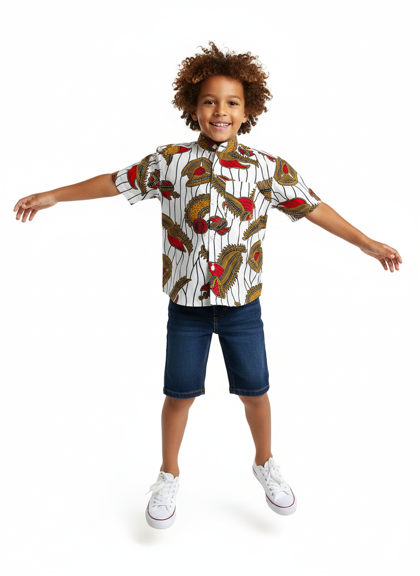 Chemise courte manche garçon en wax coloré, col Mao élégant pour un look chic et tendance, idéal pour les grandes occasions ou au quotidien.