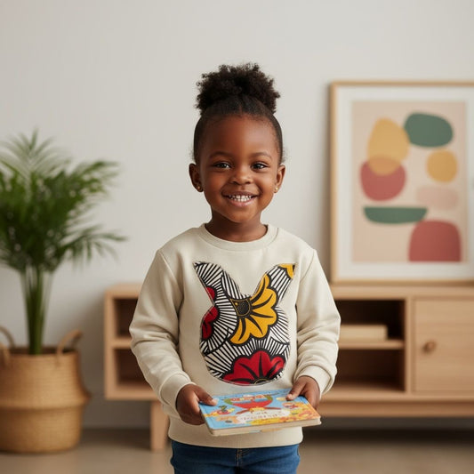 Sweat-shirt enfant JOY crème 3-12 ans en coton avec motif lapin et wax fleur de mariage fait main