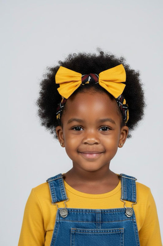 Bandeau Bogolan Duo pour enfant, mix wax coton Bogolan et tissu jaune uni fait main
