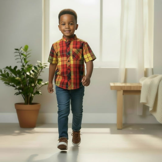 Chemise enfant en madras coloré avec col Mao, confection artisanale en coton 100%, style afro moderne