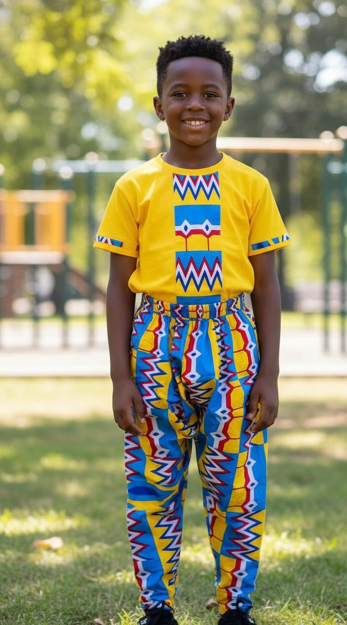 Ensemble garçon Mouana fait main, pantalon sarouel en wax et t-shirt manches courtes customisé, taille 7/8 ans.