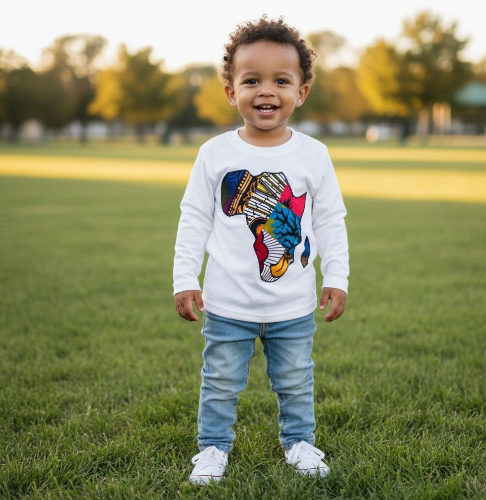 T-shirt garçon ou fille à manches longues – motif carte Afrique en wax pour un look afro moderne