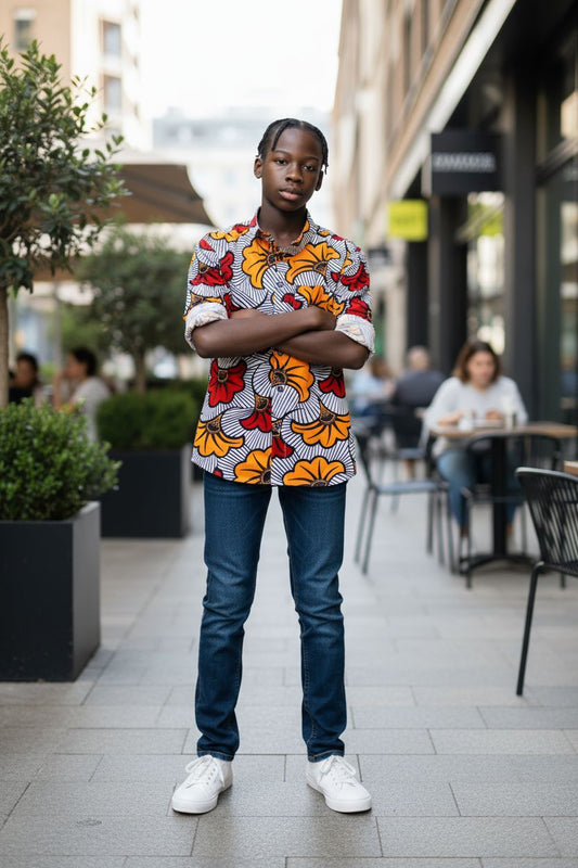 Chemise mixte pour enfants en tissu wax coloré, manches longues, coupe 2 en 1 pratique et stylée.