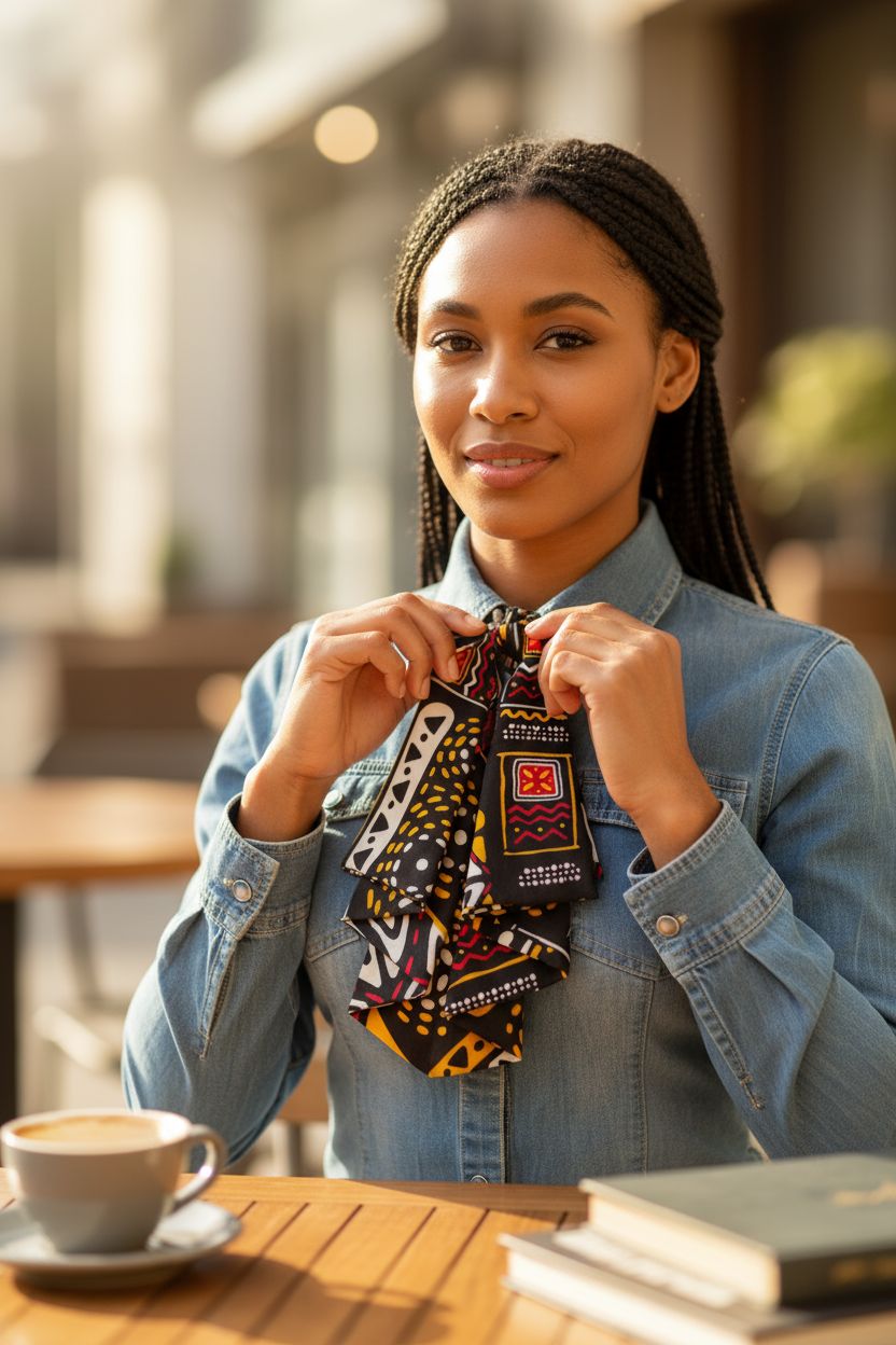 Cravate pour femme en tissu wax inspiré du bogolan, aux motifs ethniques élégants, parfaite pour un look original et culturel.
