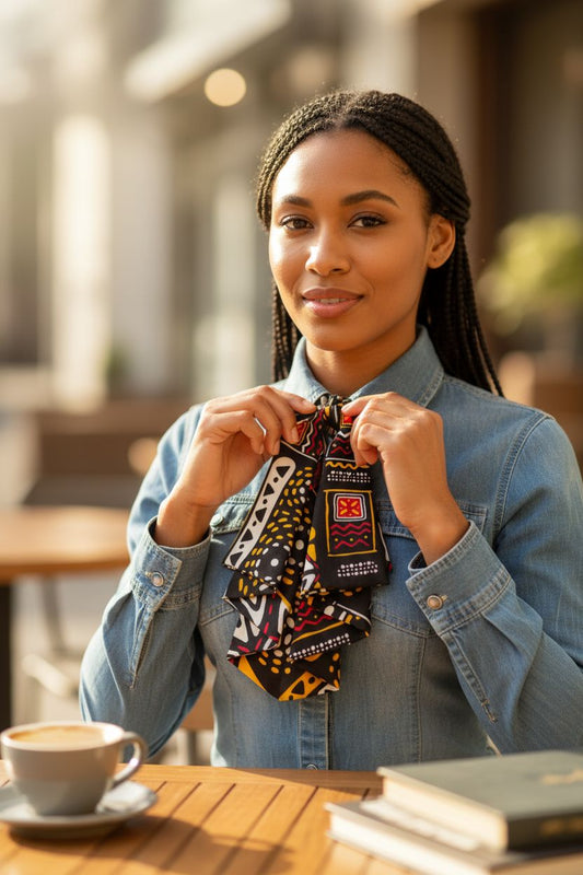 Cravate pour femme en tissu wax inspiré du bogolan, aux motifs ethniques élégants, parfaite pour un look original et culturel.