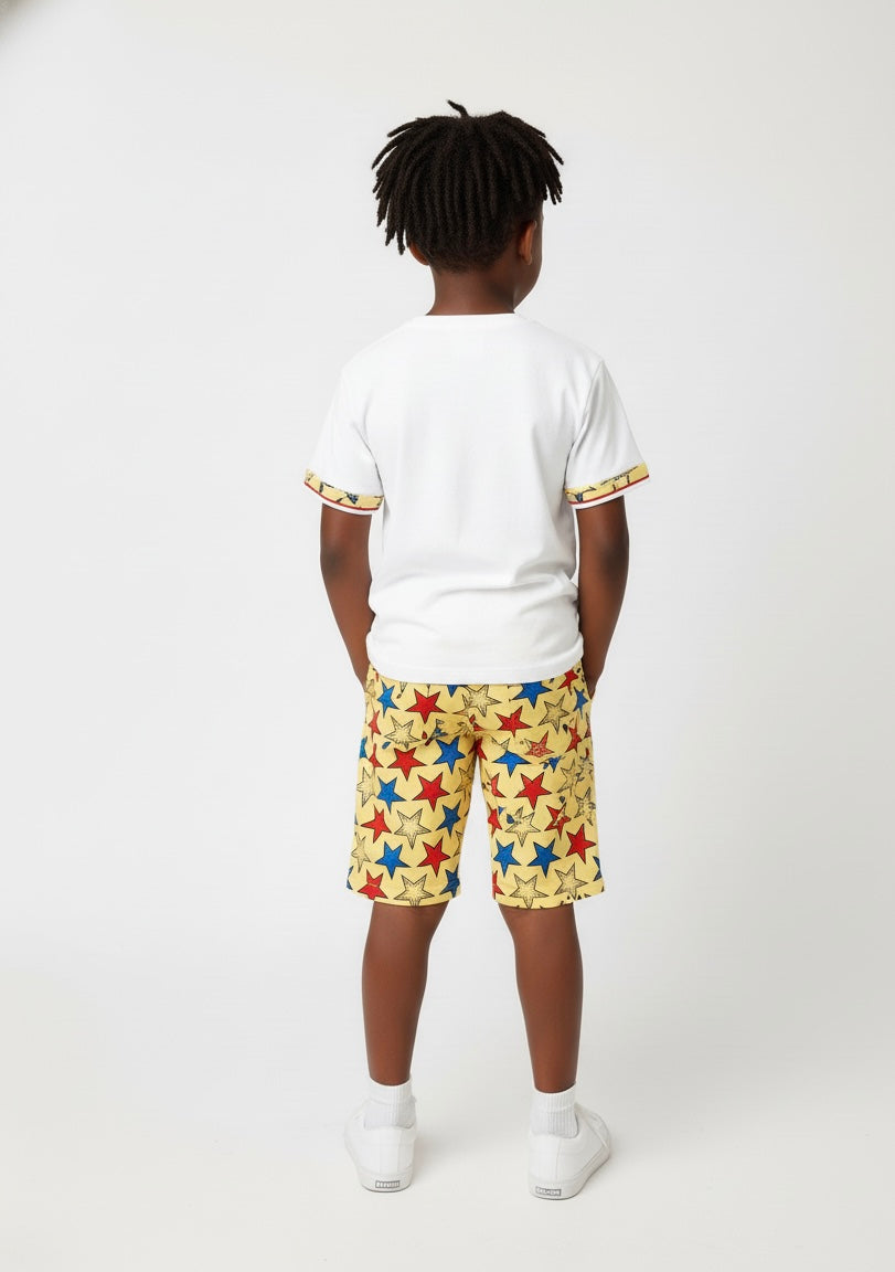Ensemble Garçon KRIBI– Bermuda en Wax et T-Shirt Customisé | Confortable et Coloré