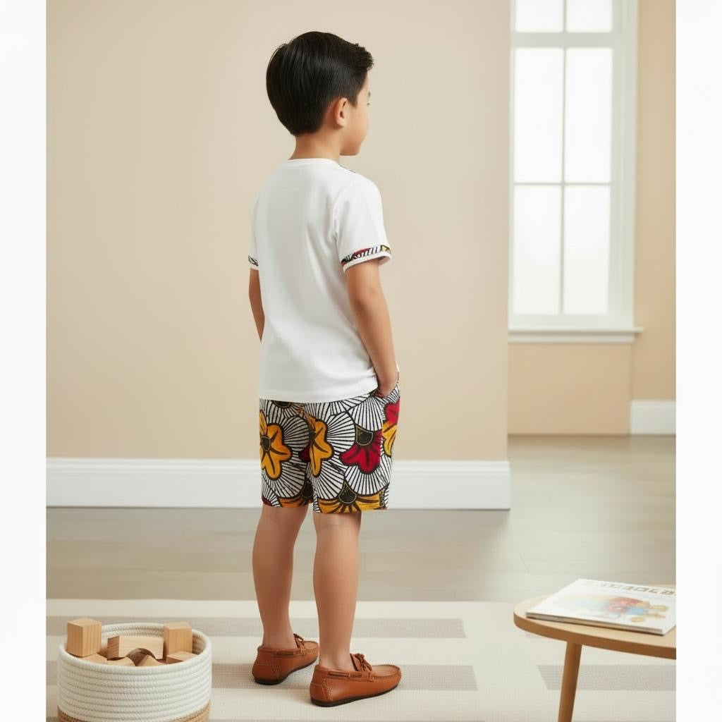 Ensemble Mpesa Play pour garçon 2-12 ans – bermuda et t-shirt en tissu à fleurs de mariage avec détail wax, fait main”