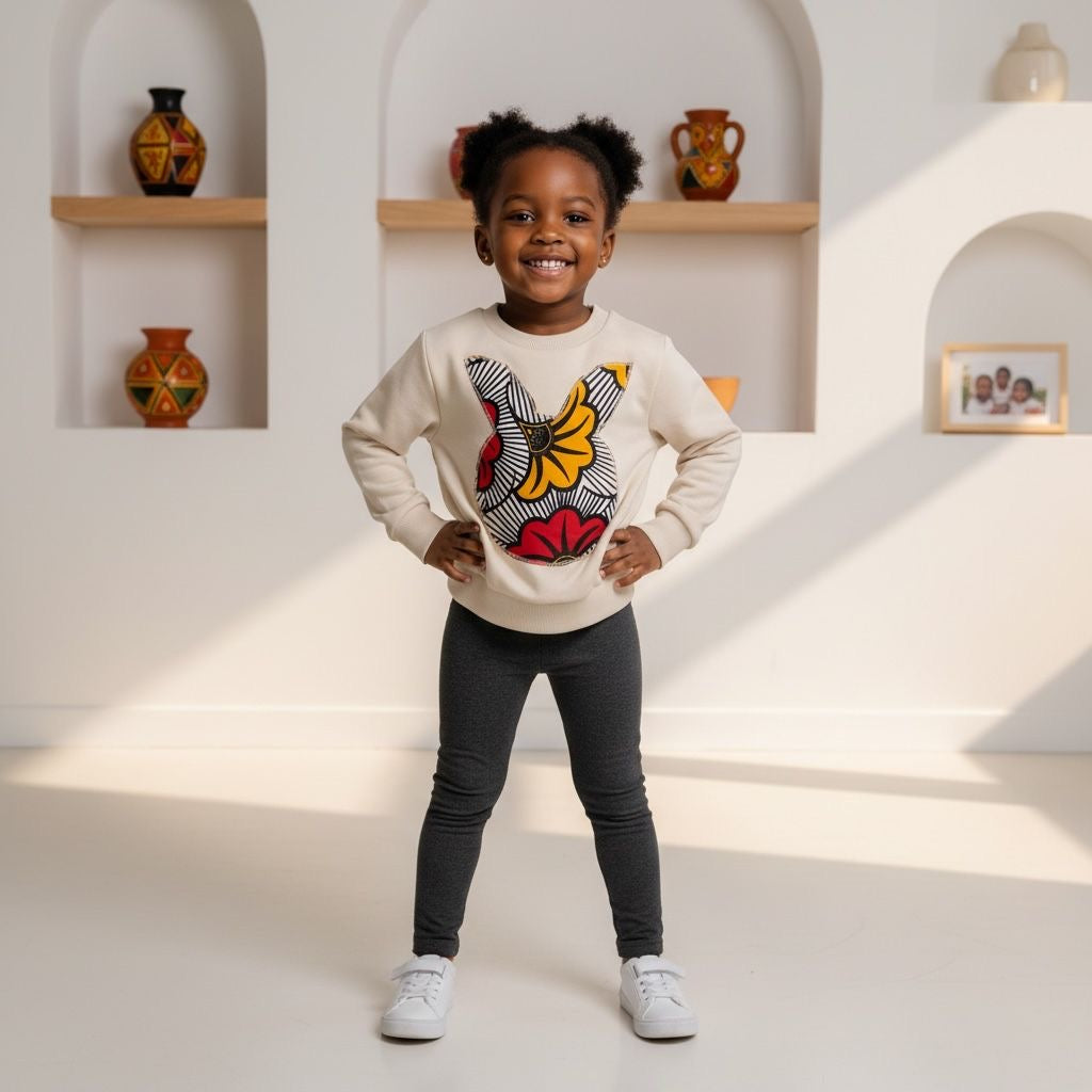Sweat-shirt enfant afro moderne JOY crème mixte avec customisation wax floral coloré