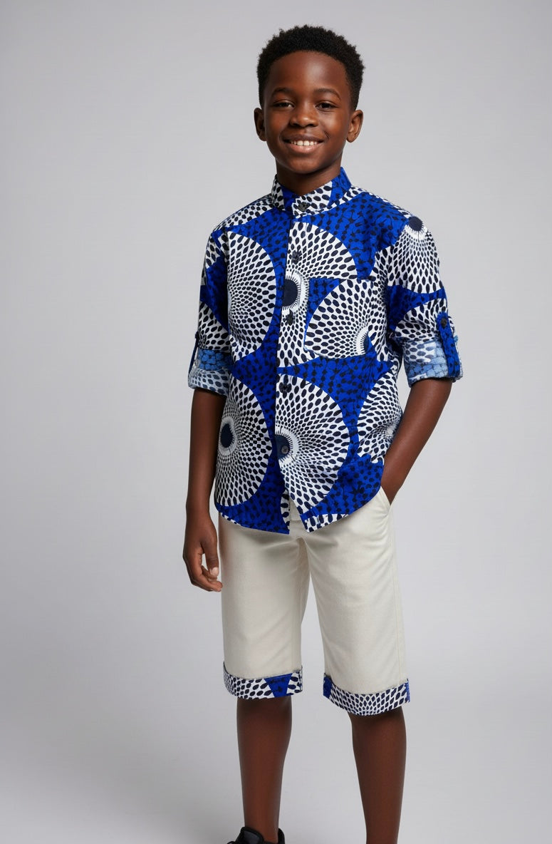 Tenue enfant garçon : chemise wax manches longues retroussables avec bouton et bermuda avec détails wax au bas – look pratique et stylé pour toutes occasions
