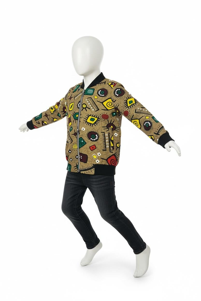 Bomber enfant mixte MEYA en tissu wax 100 % coton à motifs géométriques afro modernes