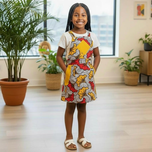 robe salopette en wax motif fleur de mariage rouge orange noir et blanc