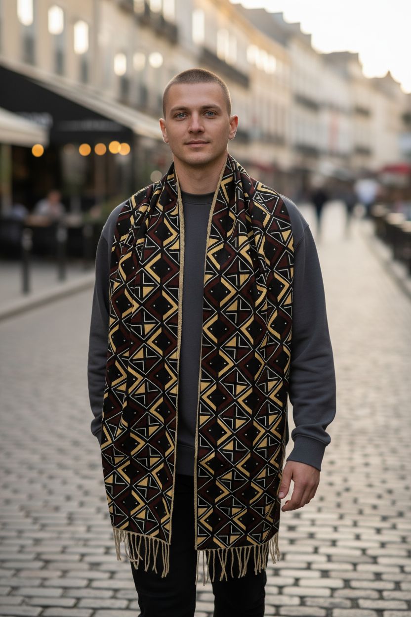 Écharpe BOGOLAN mixte en wax coloré et polaire molletonnée beige, confection artisanale 100 % faite main pour l’hiver